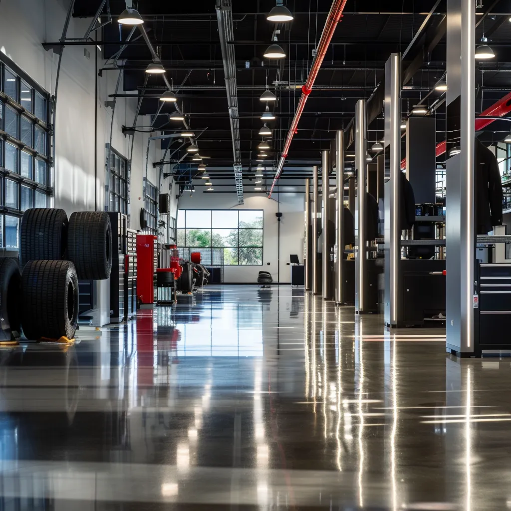 a sleek, modern automotive workshop features a high-tech wheel balancer machine surrounded by gleaming tire racks and polished concrete floors, emphasizing cutting-edge vehicle safety technology in action.