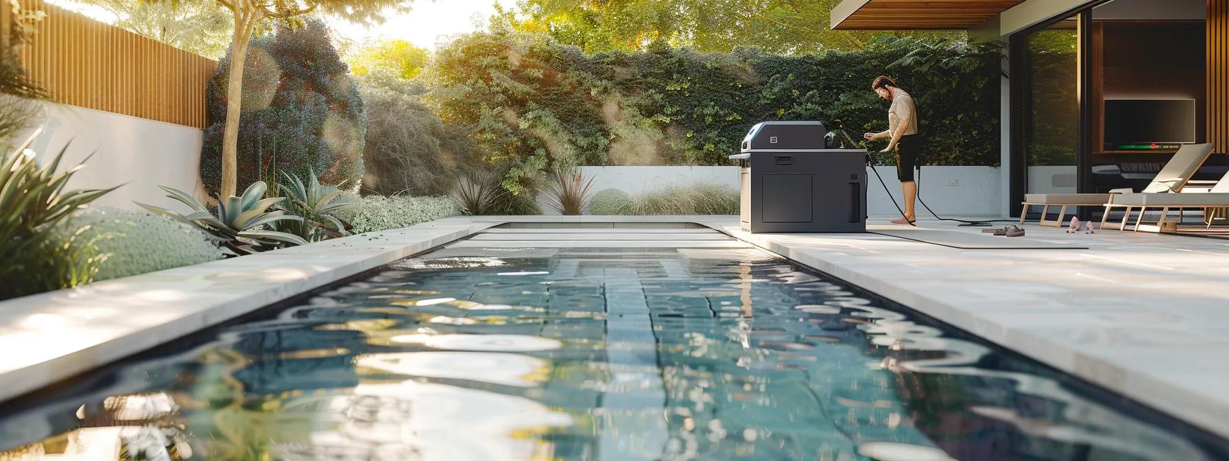 a sleek, modern backyard setting showcases a pristine saltwater pool with a professional pool cleaner inspecting the advanced filtration system, emphasizing the contrast in maintenance and cost efficiency compared to a nearby chlorine pool. a sleek, modern backyard setting showcases a pristine saltwater pool with a professional pool cleaner inspecting the advanced filtration system, emphasizing the contrast in maintenance and cost efficiency compared to a nearby chlorine pool.