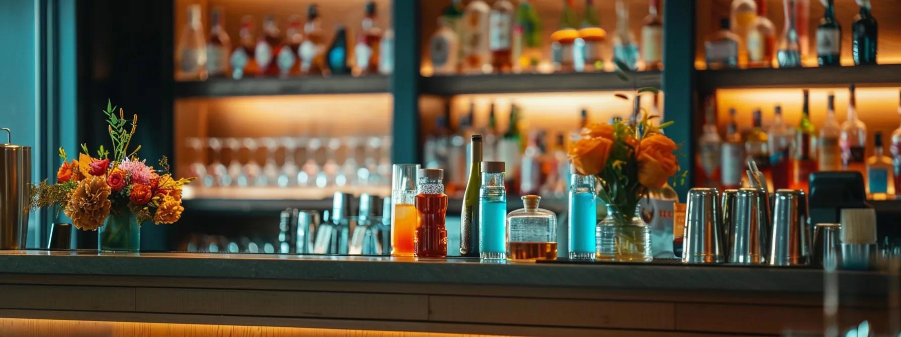 a sleek, modern bar counter in a stylish urban lounge, showcasing an array of colorful thc-infused beverages in elegant glassware, with patrons enjoying a vibrant atmosphere that highlights the clear-headed, uplifting experience of choosing thc over alcohol. a sleek, modern bar counter in a stylish urban lounge, showcasing an array of colorful thc-infused beverages in elegant glassware, with patrons enjoying a vibrant atmosphere that highlights the clear-headed, uplifting experience of choosing thc over alcohol.