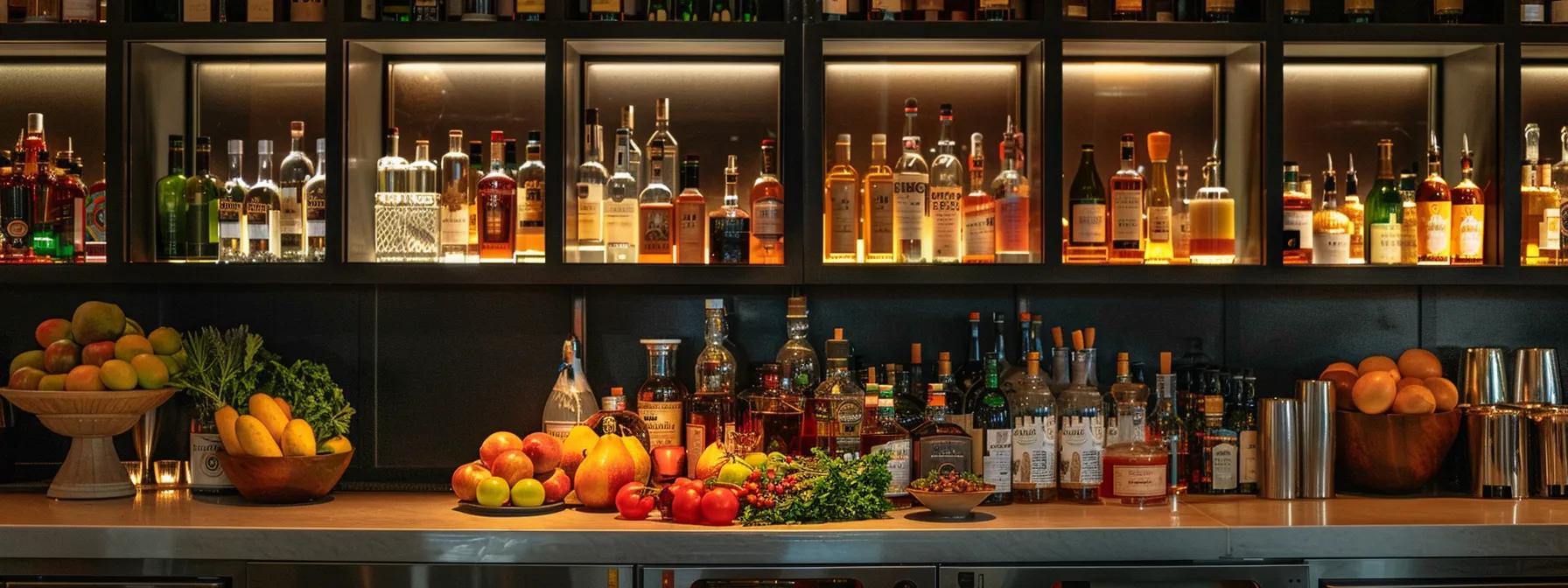 a sleek, modern bar countertop showcases elegantly crafted thc-infused spirits in glass bottles, surrounded by meticulously arranged ingredients such as colorful fruit purees, aromatic herbs, and sophisticated emulsifiers, all under warm, ambient lighting that highlights the bottles' labels and the inviting atmosphere. a sleek, modern bar countertop showcases elegantly crafted thc-infused spirits in glass bottles, surrounded by meticulously arranged ingredients such as colorful fruit purees, aromatic herbs, and sophisticated emulsifiers, all under warm, ambient lighting that highlights the bottles' labels and the inviting atmosphere.