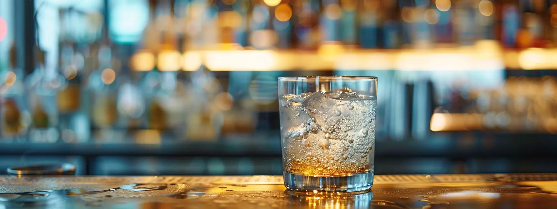 a sleek, modern bar setting showcases an elegant glass of thc-infused seltzer with vibrant bubbles rising, surrounded by an inviting ambiance that contrasts with traditional alcohol bottles in the background. a sleek, modern bar setting showcases an elegant glass of thc-infused seltzer with vibrant bubbles rising, surrounded by an inviting ambiance that contrasts with traditional alcohol bottles in the background.