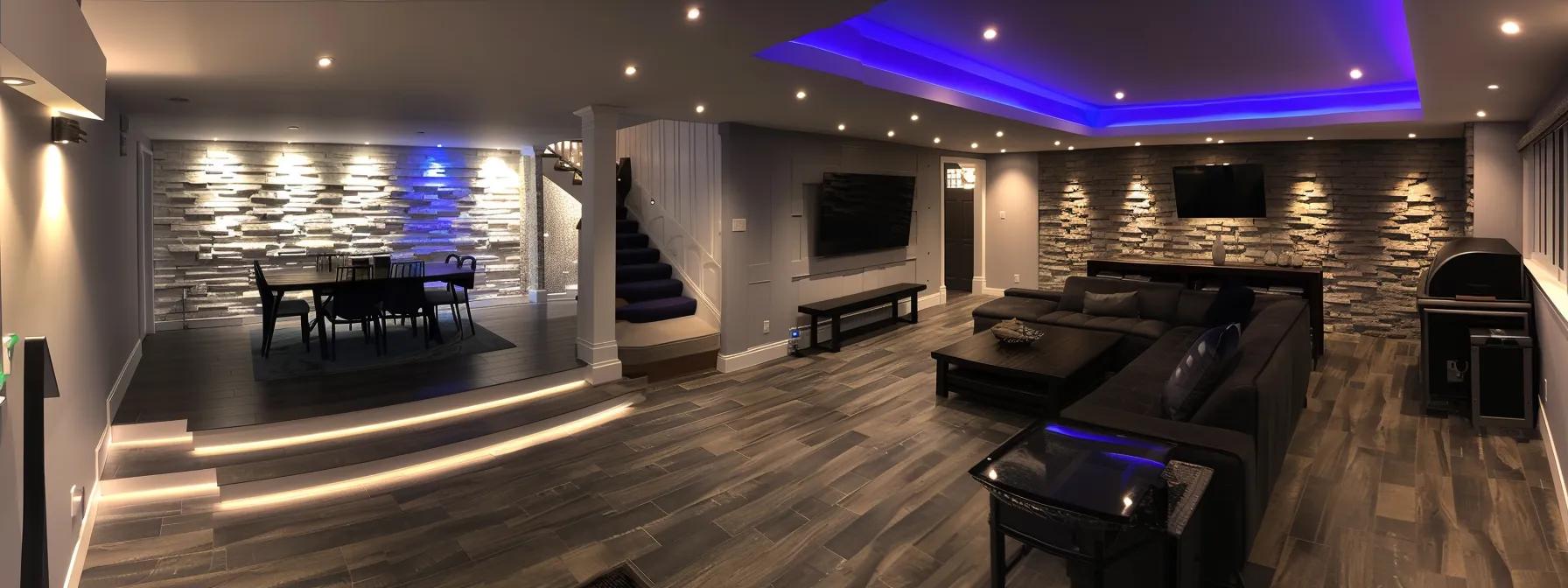 a sleek, modern basement design showcases a minimalist lounge area with stylish furnishings, ambient lighting, and textured walls, exuding a cozy yet sophisticated atmosphere ideal for relaxing or entertaining.