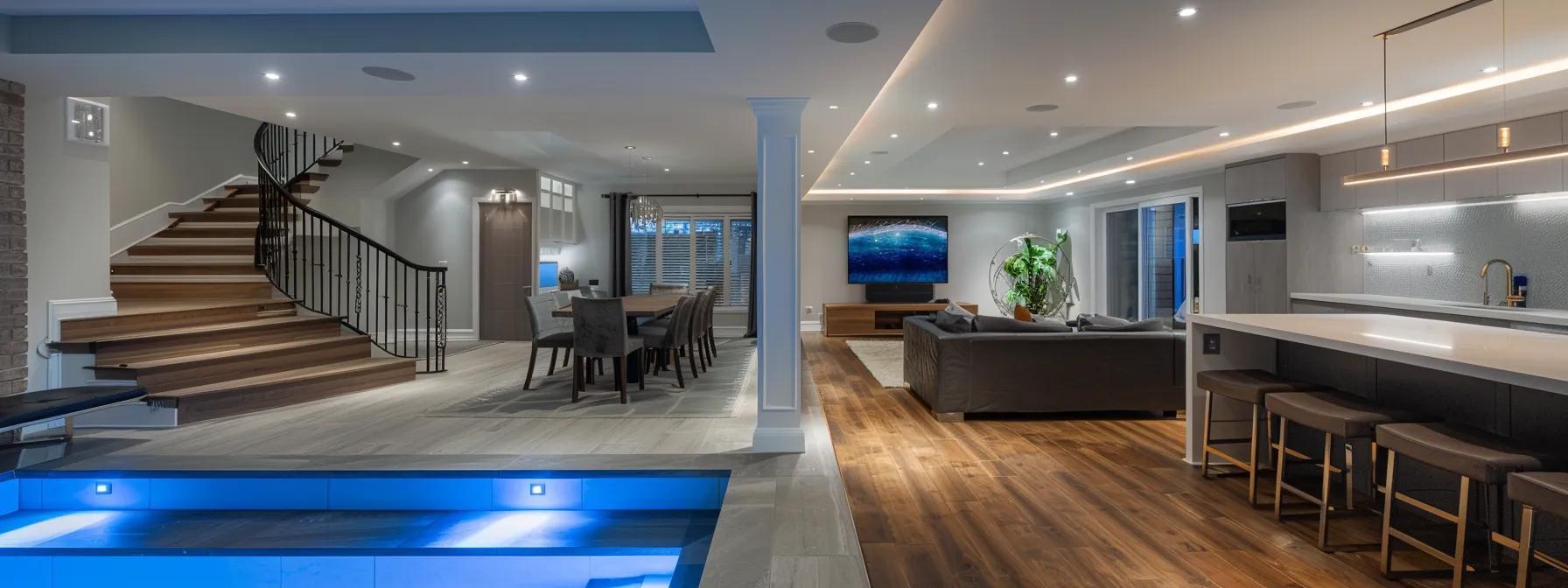 a sleek modern basement interior showcases an open-concept layout with strategic lighting illuminating a sophisticated color palette and stylish flooring, while smart technology seamlessly integrates into the design for a customizable living space. a sleek modern basement interior showcases an open-concept layout with strategic lighting illuminating a sophisticated color palette and stylish flooring, while smart technology seamlessly integrates into the design for a customizable living space.