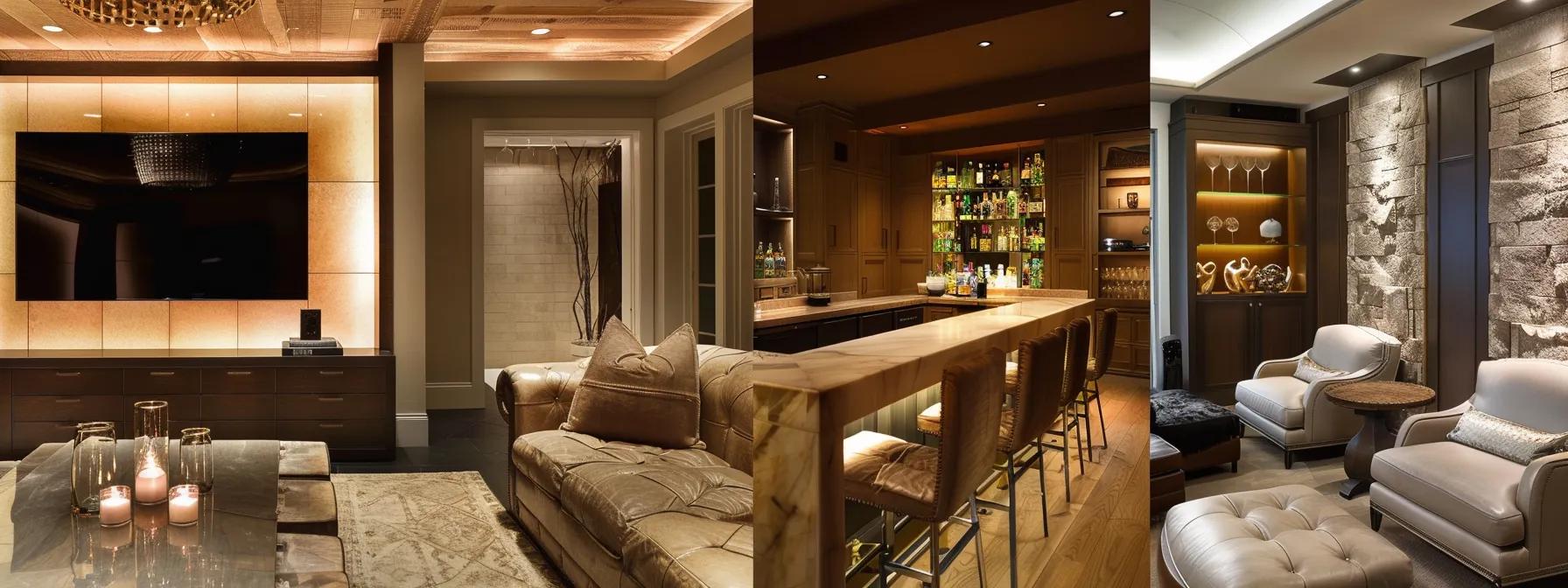 a sleek, modern basement transformed into a multifunctional space showcases a stylish wet bar, an ergonomic home office corner, and a cozy home theater, all illuminated by soft, ambient lighting and accented by contemporary decor. a sleek, modern basement transformed into a multifunctional space showcases a stylish wet bar, an ergonomic home office corner, and a cozy home theater, all illuminated by soft, ambient lighting and accented by contemporary decor.