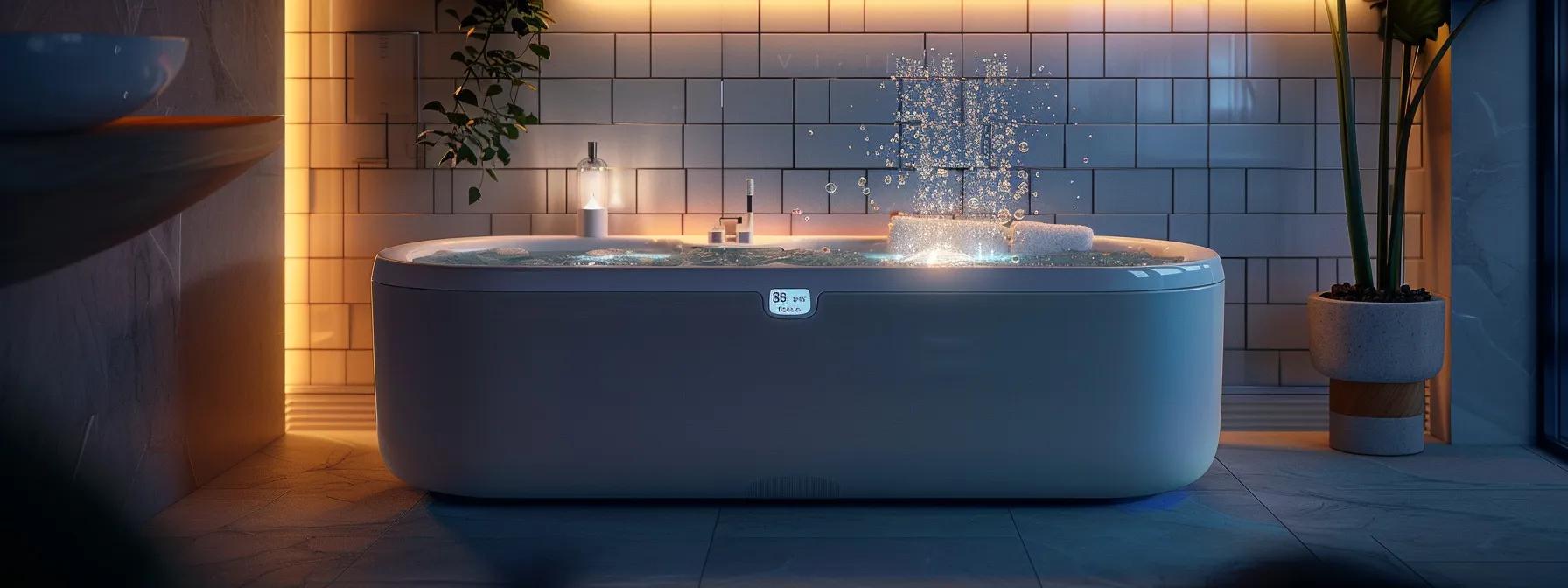 a sleek, modern bathroom featuring a luxurious foot spa kit with adjustable temperature controls, soothing bubbles, and a digital timer glowing softly, set against a backdrop of elegant tiles and mood lighting to evoke a serene self-care experience.