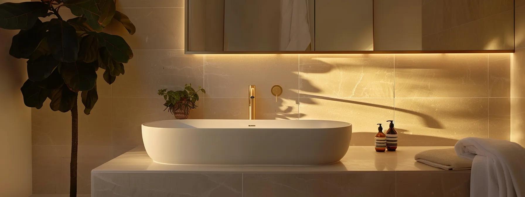 a sleek, modern bathroom featuring elegant brushed brass tapware, illuminated by soft artificial lighting, with a backdrop of stylish tiles and contemporary fixtures that reflect the sophisticated coastal aesthetic of yamba and port macquarie homes. a sleek, modern bathroom featuring elegant brushed brass tapware, illuminated by soft artificial lighting, with a backdrop of stylish tiles and contemporary fixtures that reflect the sophisticated coastal aesthetic of yamba and port macquarie homes.