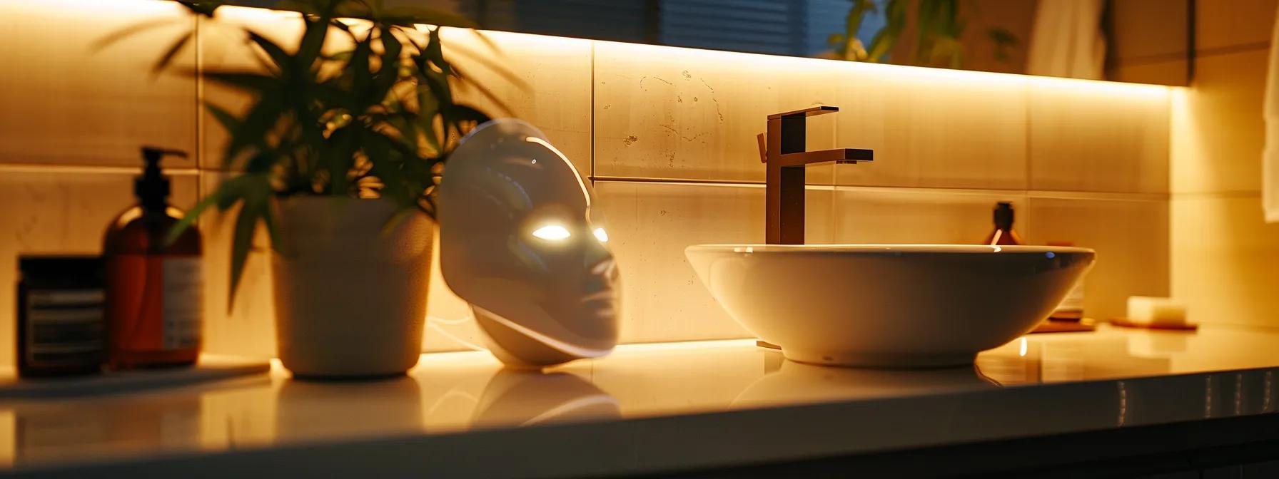 a sleek, modern bathroom featuring a stylish led face mask resting on a pristine vanity, reflecting the luxurious and effortless integration of advanced skincare technology into a daily self-care routine. a sleek, modern bathroom featuring a stylish led face mask resting on a pristine vanity, reflecting the luxurious and effortless integration of advanced skincare technology into a daily self-care routine.