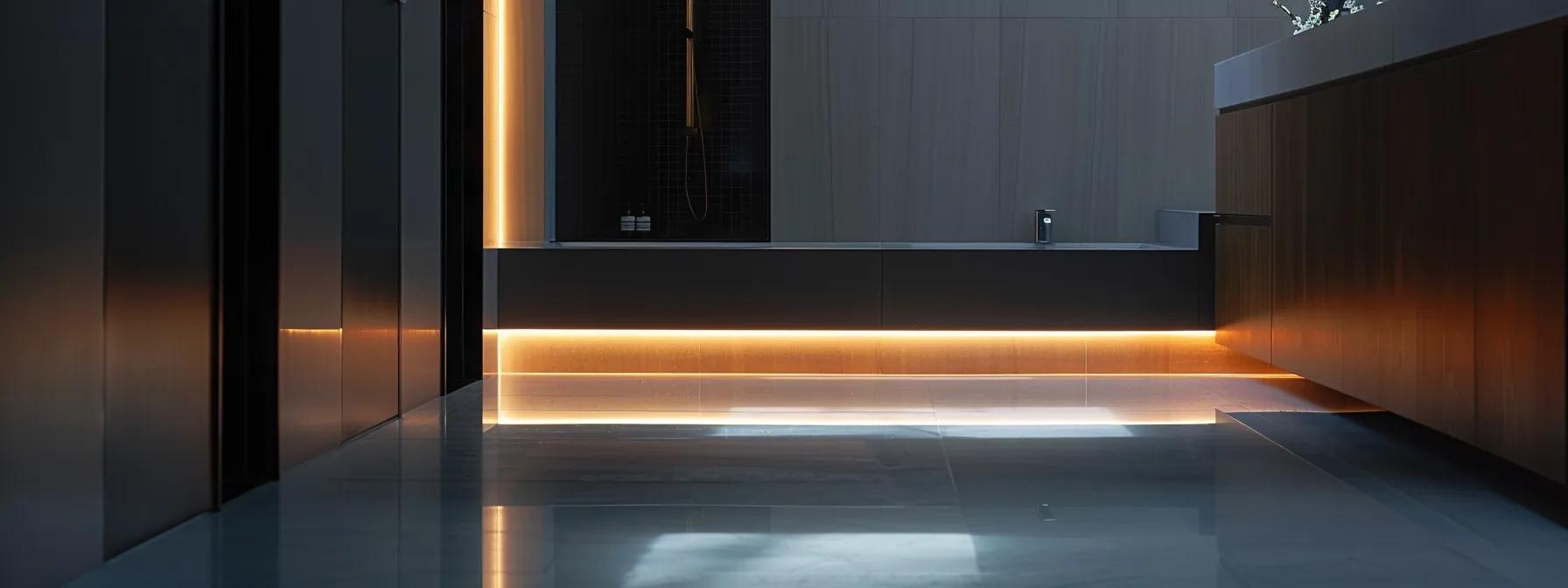 a sleek, modern bathroom remodel showcases upscale fixtures and custom cabinetry, highlighted by polished tile floors and sophisticated lighting, set in a minimalist home environment that emphasizes cleanliness and open space. a sleek, modern bathroom remodel showcases upscale fixtures and custom cabinetry, highlighted by polished tile floors and sophisticated lighting, set in a minimalist home environment that emphasizes cleanliness and open space.