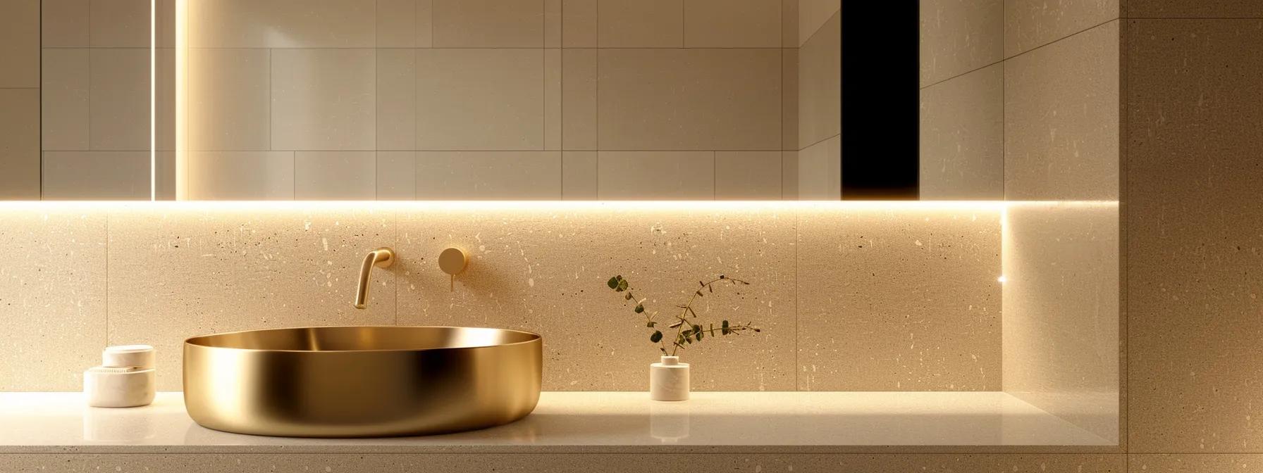 a sleek, modern bathroom showcasing striking brushed brass tapware, illuminated by soft, ambient lighting against a chic, minimalist backdrop of elegant tiles and contemporary fixtures.