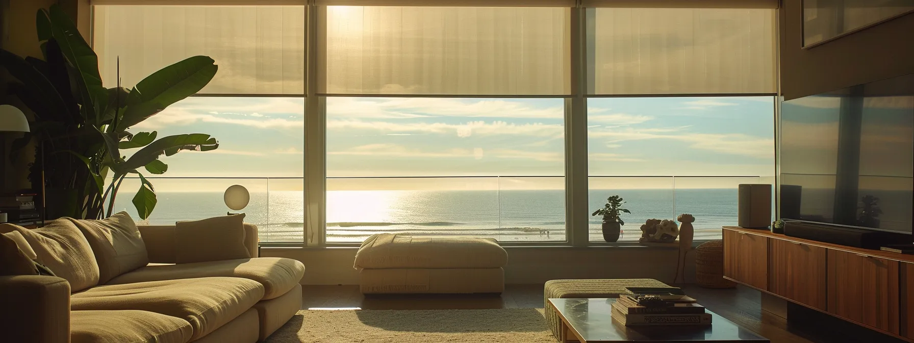 a sleek, modern beachfront living room featuring motorized window treatments seamlessly blending with the stunning coastal view. a sleek, modern beachfront living room featuring motorized window treatments seamlessly blending with the stunning coastal view.
