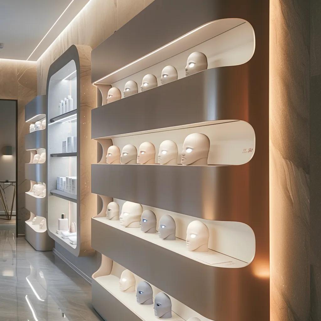 a sleek, modern beauty clinic interior featuring a glowing array of innovative led masks elegantly displayed on minimalist shelves, illuminated by cool, vibrant lighting that highlights their cutting-edge designs.