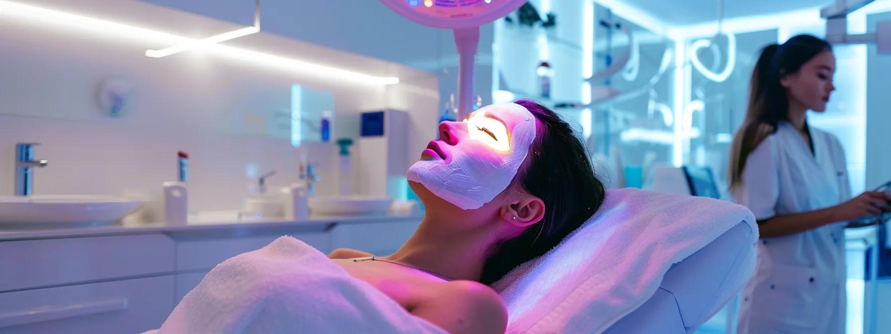 a sleek, modern beauty clinic interior showcases a diverse group of satisfied clients wearing led masks, complemented by ambient lighting that highlights their glowing skin and emphasizes the transformative effects of the treatment.