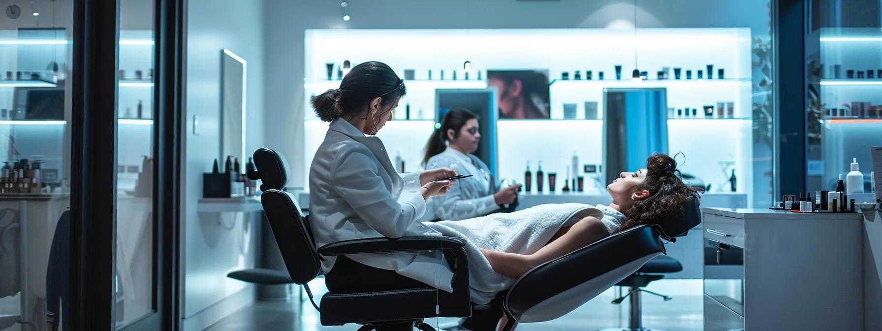 a sleek, modern beauty salon on fulton st features a poised threading technician skillfully shaping a client's brows under bright, focused lighting, with sleek tools and a pristine workspace highlighting their professionalism and expertise.