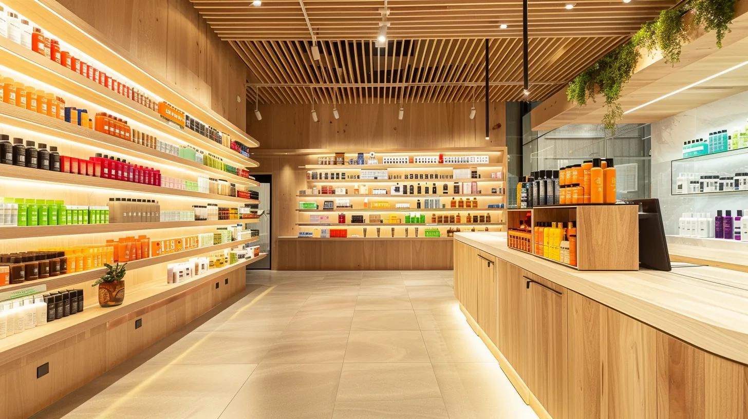 a sleek, modern beauty store interior showcases an array of vibrant organic and vegan haircare products displayed on polished wooden shelves, with a backdrop of minimalist, eco-friendly design elements to evoke a chic, sustainable shopping experience.