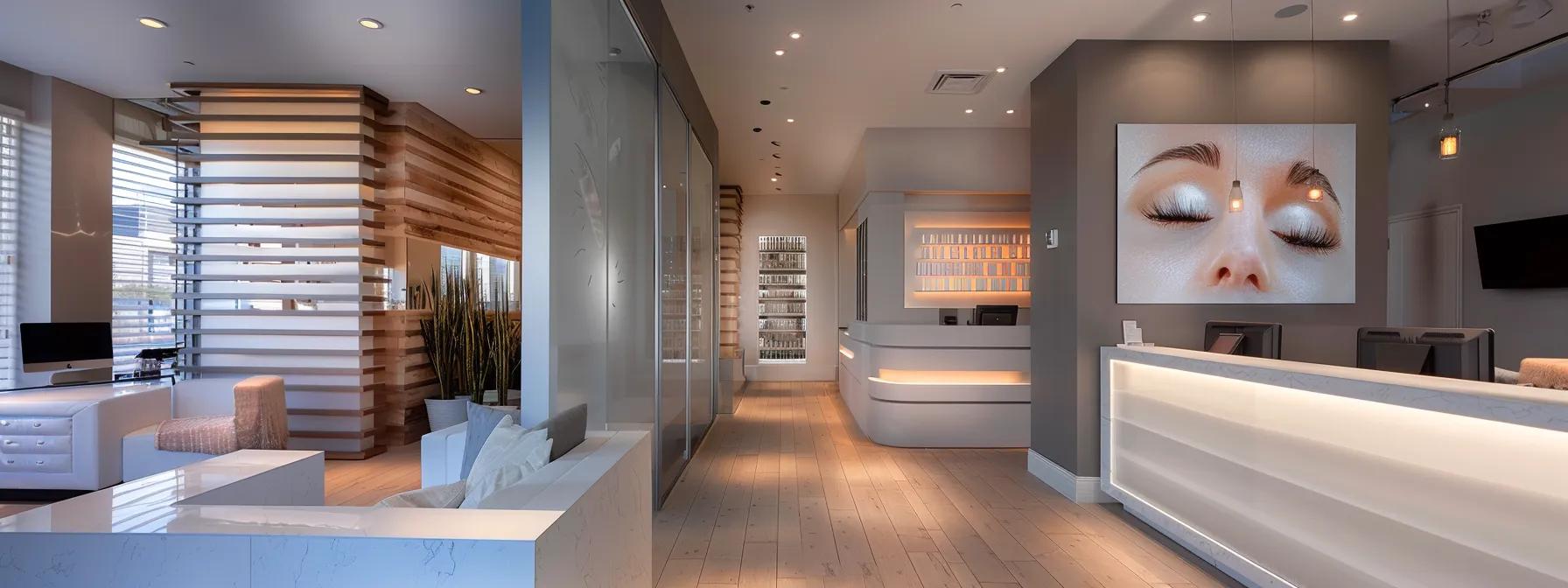 a sleek, modern beauty studio showcases a split display, highlighting the dramatic difference between a client’s lifted lashes on one side and glamorous, full eyelash extensions on the other, with elegant lighting emphasizing the textures and styles.