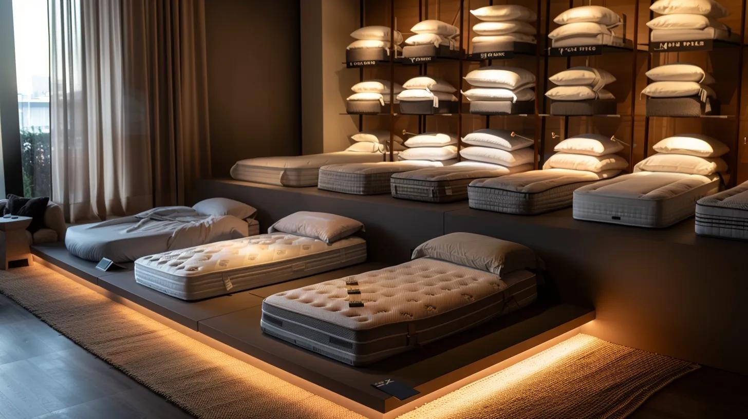 a sleek, modern bedroom showcases a variety of mattresses arranged neatly, each labeled to highlight their tailored support for different sleeping positions, illuminated by soft, warm lighting that enhances the inviting atmosphere of comfort and optimal well-being. a sleek, modern bedroom showcases a variety of mattresses arranged neatly, each labeled to highlight their tailored support for different sleeping positions, illuminated by soft, warm lighting that enhances the inviting atmosphere of comfort and optimal well-being.