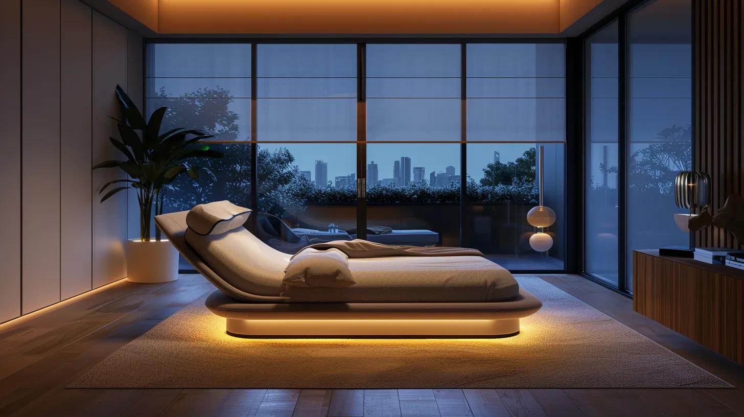 a sleek, modern bedroom showcases an adjustable bed frame in a dynamic elevated position, illuminated by soft, ambient lighting that emphasizes its innovative design and comfort-enhancing features. a sleek, modern bedroom showcases an adjustable bed frame in a dynamic elevated position, illuminated by soft, ambient lighting that emphasizes its innovative design and comfort-enhancing features.