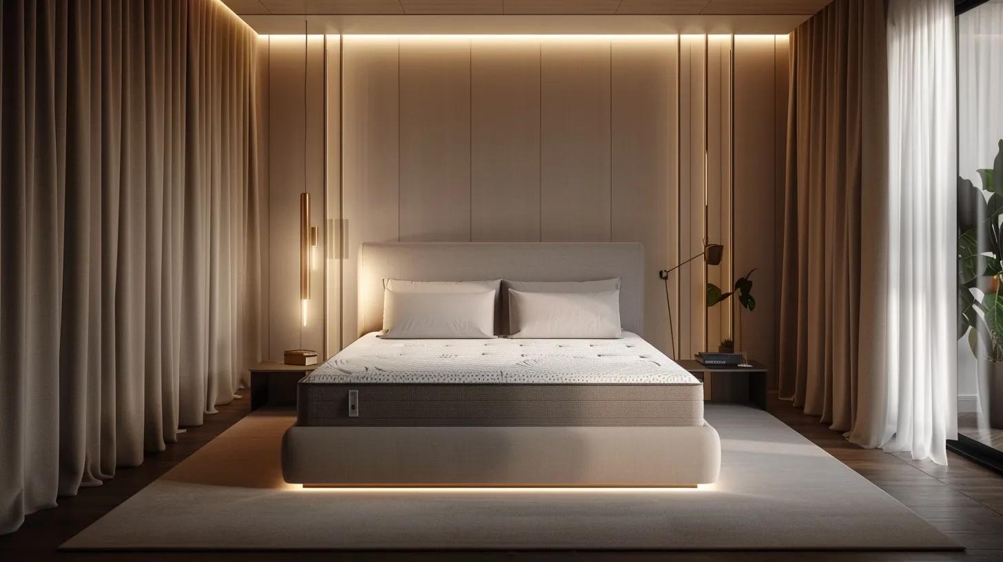 a sleek, modern bedroom showcases a technologically advanced mattress with built-in smart features, surrounded by ambient lighting that highlights its innovative design and luxurious comfort. a sleek, modern bedroom showcases a technologically advanced mattress with built-in smart features, surrounded by ambient lighting that highlights its innovative design and luxurious comfort.