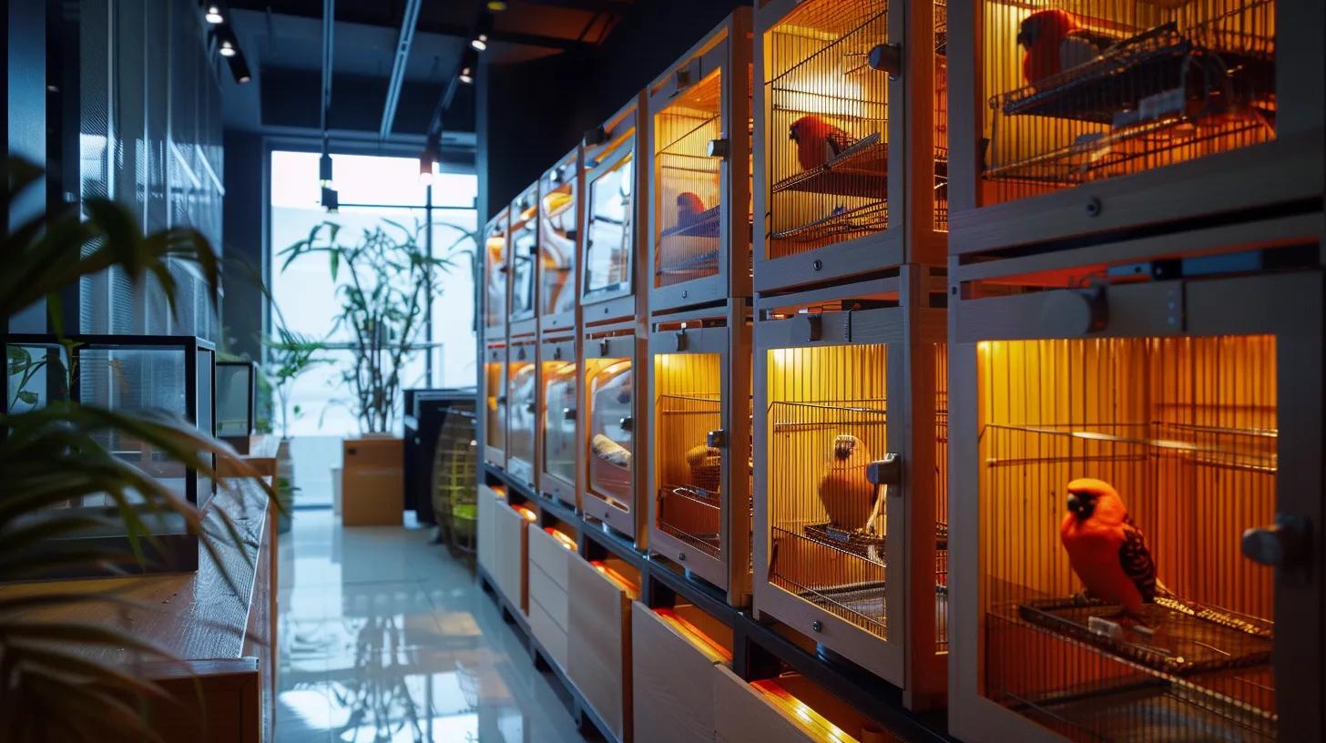 a sleek, modern bird care studio showcases an array of innovative bird cage lighting products, each illuminating vibrant cages with full-spectrum led solutions, highlighting the advanced features and stylish designs in a well-lit, contemporary environment. a sleek, modern bird care studio showcases an array of innovative bird cage lighting products, each illuminating vibrant cages with full-spectrum led solutions, highlighting the advanced features and stylish designs in a well-lit, contemporary environment.