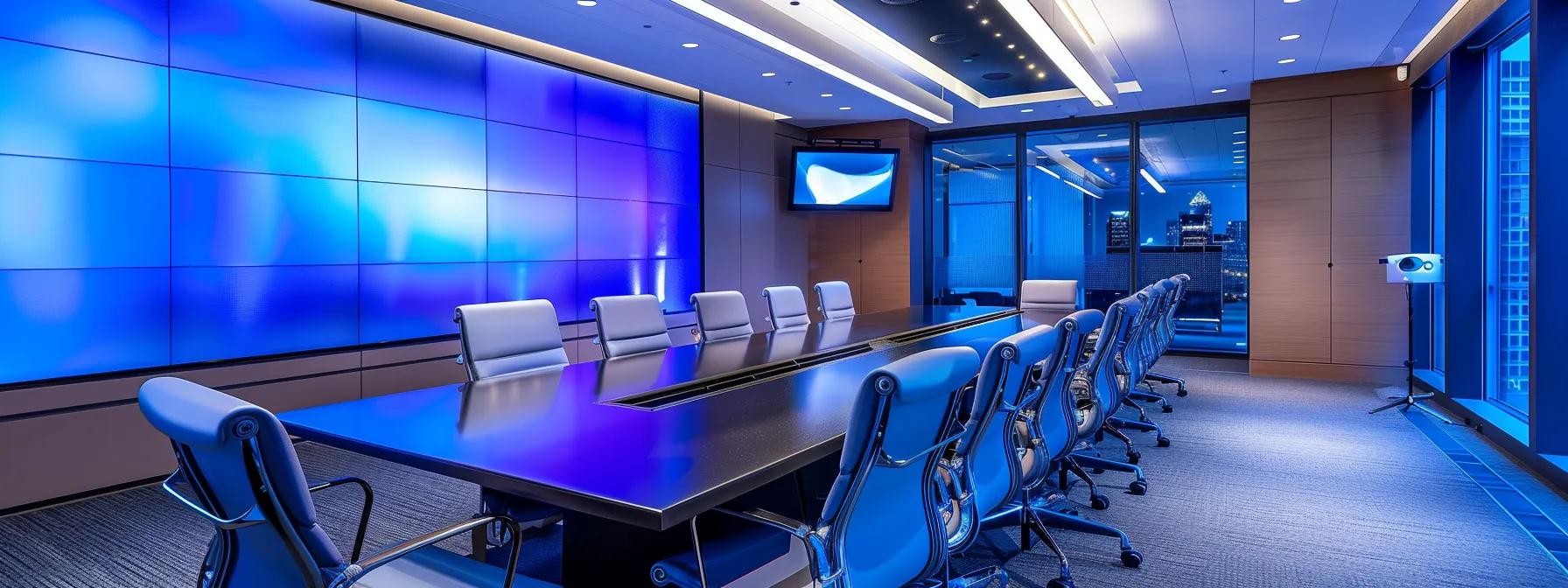 a sleek, modern boardroom equipped with cutting-edge av technology displays a large screen showcasing dynamic digital presentations, illuminated by soft, ambient lighting to emphasize the innovative atmosphere of adaptability and scalability. a sleek, modern boardroom equipped with cutting-edge av technology displays a large screen showcasing dynamic digital presentations, illuminated by soft, ambient lighting to emphasize the innovative atmosphere of adaptability and scalability.