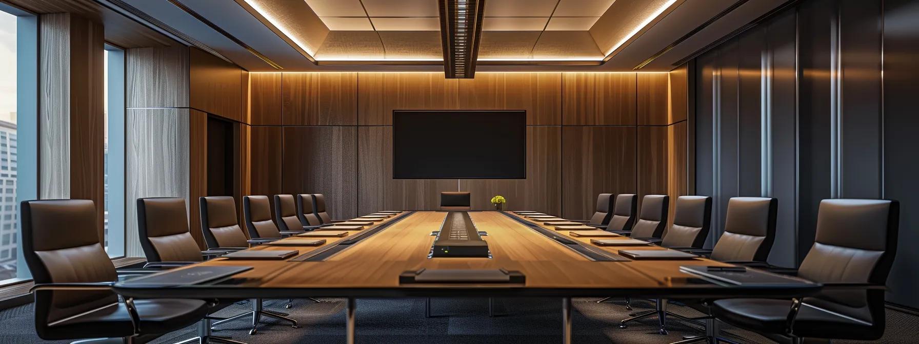 a sleek, modern boardroom equipped with high-tech audiovisual components seamlessly integrated into contemporary furnishings, illuminated by dynamic ambient lighting that enhances the room's professional aesthetic. a sleek, modern boardroom equipped with high-tech audiovisual components seamlessly integrated into contemporary furnishings, illuminated by dynamic ambient lighting that enhances the room's professional aesthetic.