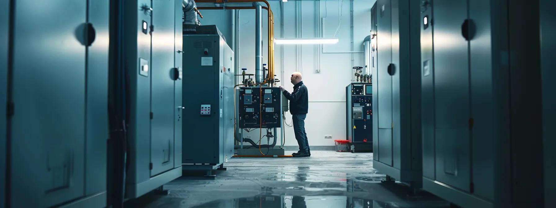 a sleek, modern boiler room illuminated by soft overhead lighting showcases a technician meticulously inspecting and servicing a high-efficiency boiler, conveying a sense of reliability and preventative care in maintaining optimal heating performance. a sleek, modern boiler room illuminated by soft overhead lighting showcases a technician meticulously inspecting and servicing a high-efficiency boiler, conveying a sense of reliability and preventative care in maintaining optimal heating performance.