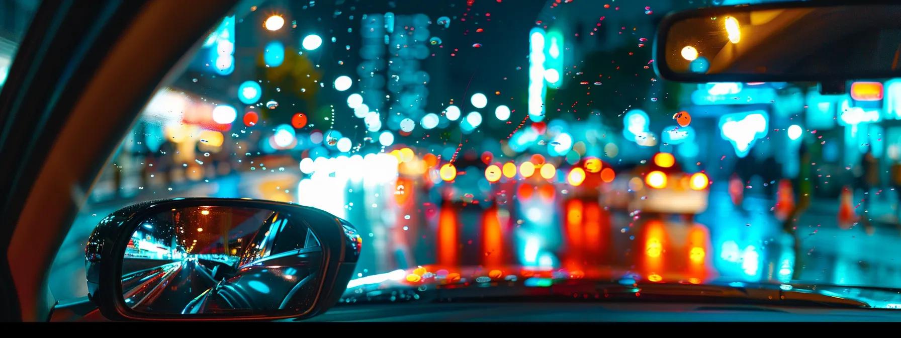a sleek, modern car interior is illuminated by subtle ambient lighting, showcasing window tints that vividly contrast against the bright, glaring headlights of oncoming traffic, emphasizing the interplay between visibility and glare in nighttime driving.