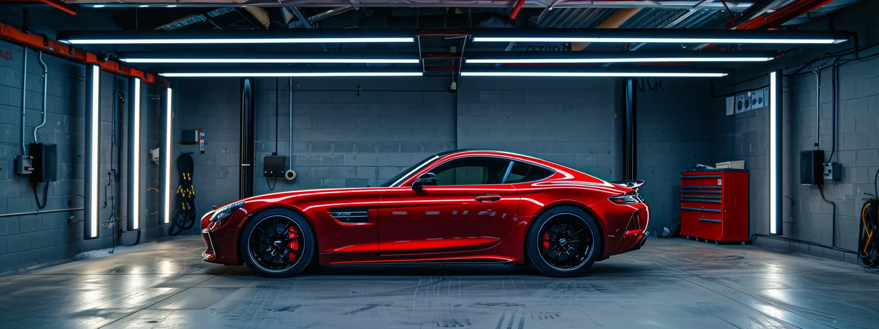 a sleek, modern car showcased in a sophisticated redondo beach garage, illuminated by bright overhead lighting, displays a pristine, professionally applied vinyl wrap with a glossy finish, emphasizing the meticulous detailing and expert craftsmanship that enhances its appearance. When to Seek Professional Car Wrap Services in Redondo Beach