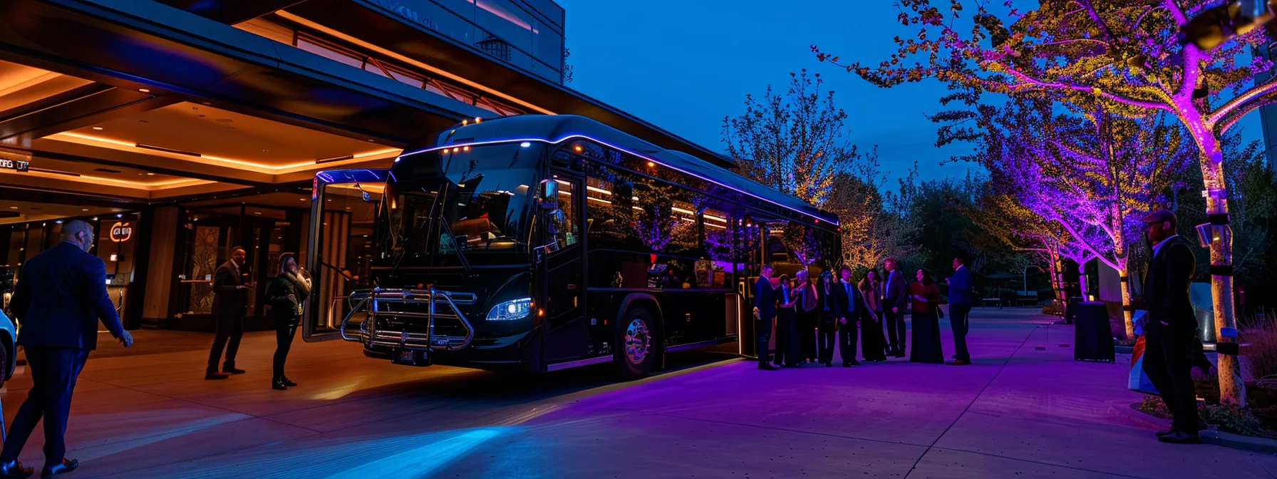 a sleek, modern charter bus parked outside a stylish corporate event venue, with elegant passengers boarding in smart casual attire, highlighting the allure of affordable luxury travel.