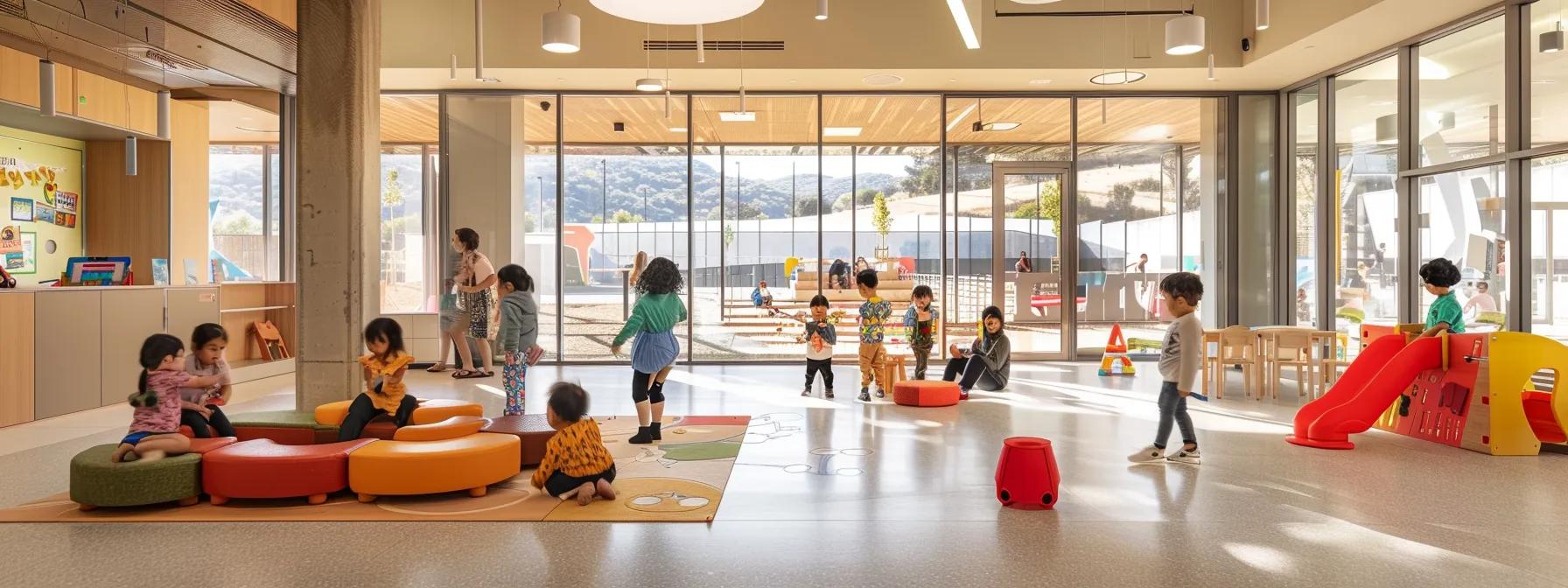 a sleek, modern childcare center filled with diverse children engaged in educational activities while interactive ai technologies enhance their learning experience in a vibrant, well-lit environment.