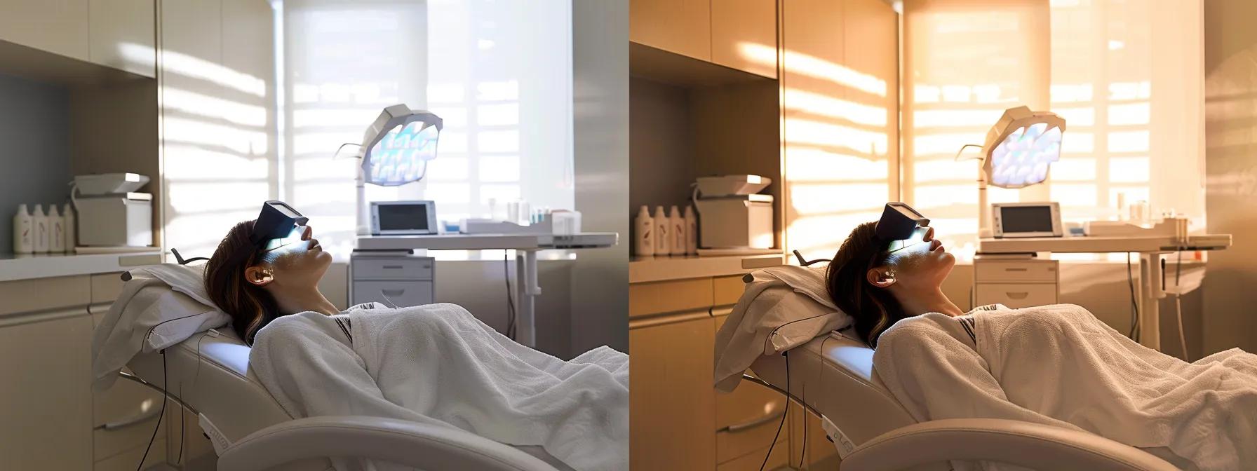 a sleek, modern clinic examination room showcases a dramatic before-and-after transformation of a patient wearing a glowing led mask, highlighted by focused spotlights that accentuate the visibly rejuvenated skin.
