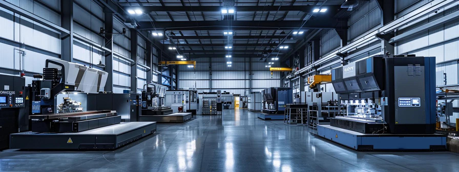 a sleek, modern cnc machining workshop brimming with advanced machinery and intricate metal components, illuminated by overhead lights, showcasing the efficient production processes that facilitate varying lead times for diverse manufacturing needs.