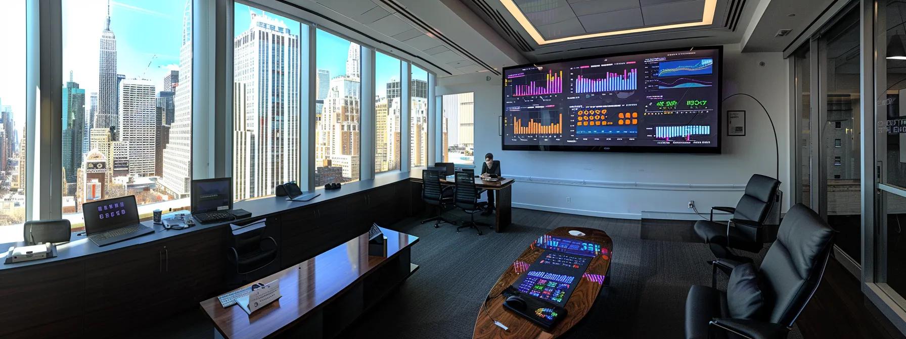 a sleek, modern conference room in a high-rise nyc office, featuring a large screen displaying vibrant analytics graphs, with professionals engaged in a dynamic discussion about the impact of television pr campaigns.