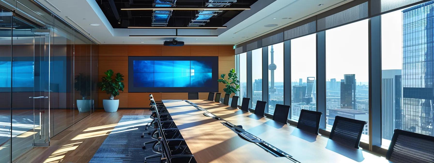 a sleek, modern conference room showcases a variety of advanced av technology solutions, featuring large digital screens, high-quality sound systems, and intuitive control interfaces, all set against a sophisticated urban backdrop. a sleek, modern conference room showcases a variety of advanced av technology solutions, featuring large digital screens, high-quality sound systems, and intuitive control interfaces, all set against a sophisticated urban backdrop.