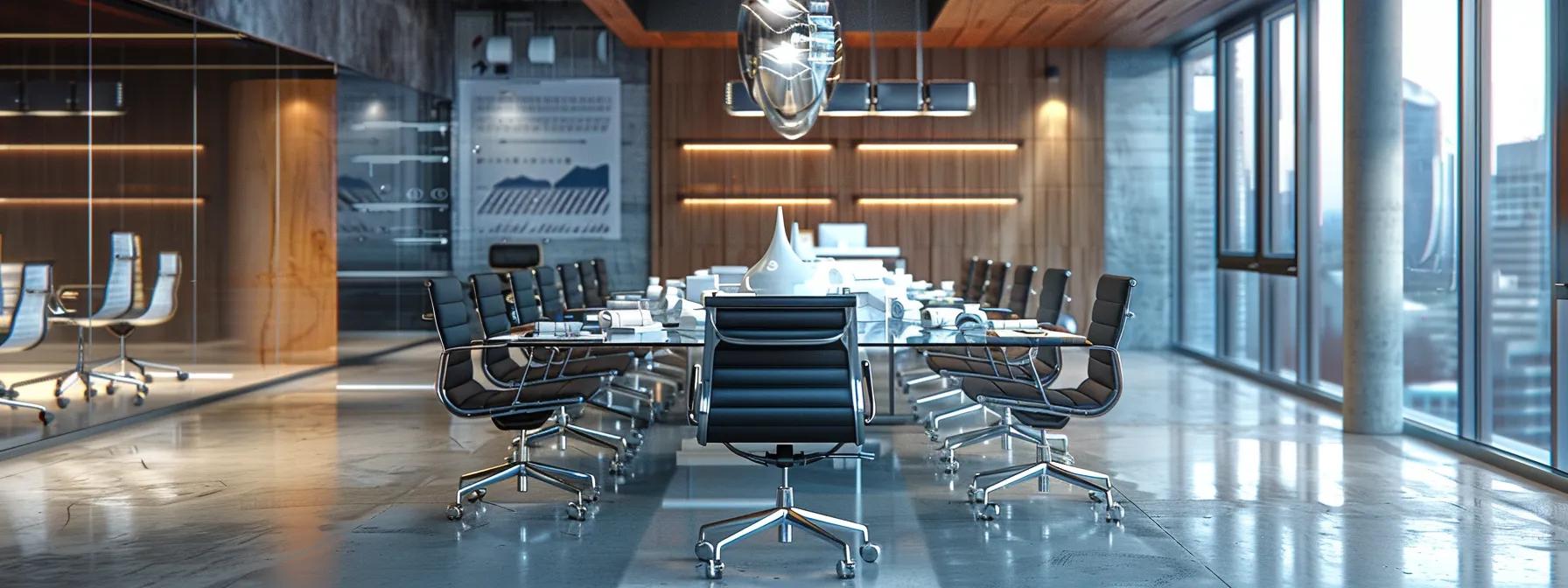 a sleek, modern conference room features a central glass table surrounded by stylish ergonomic chairs, illuminated by warm overhead lighting while blueprints and architectural models are meticulously arranged on the table, symbolizing a collaborative discussion on commercial architectural design standards.