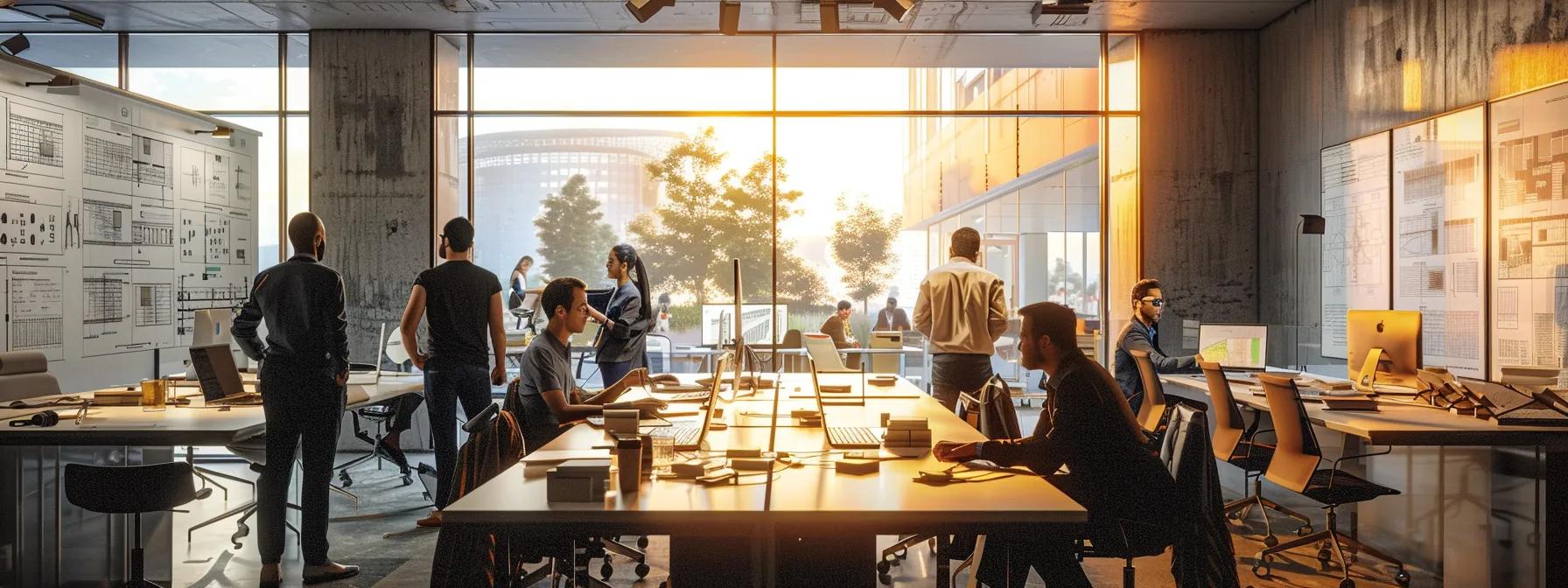a sleek, modern conference room filled with architects and project managers engaged in a dynamic discussion, surrounded by detailed blueprints and 3d models that visually illustrate the principles of narrative architecture in a polished urban office setting. a sleek, modern conference room filled with architects and project managers engaged in a dynamic discussion, surrounded by detailed blueprints and 3d models that visually illustrate the principles of narrative architecture in a polished urban office setting.