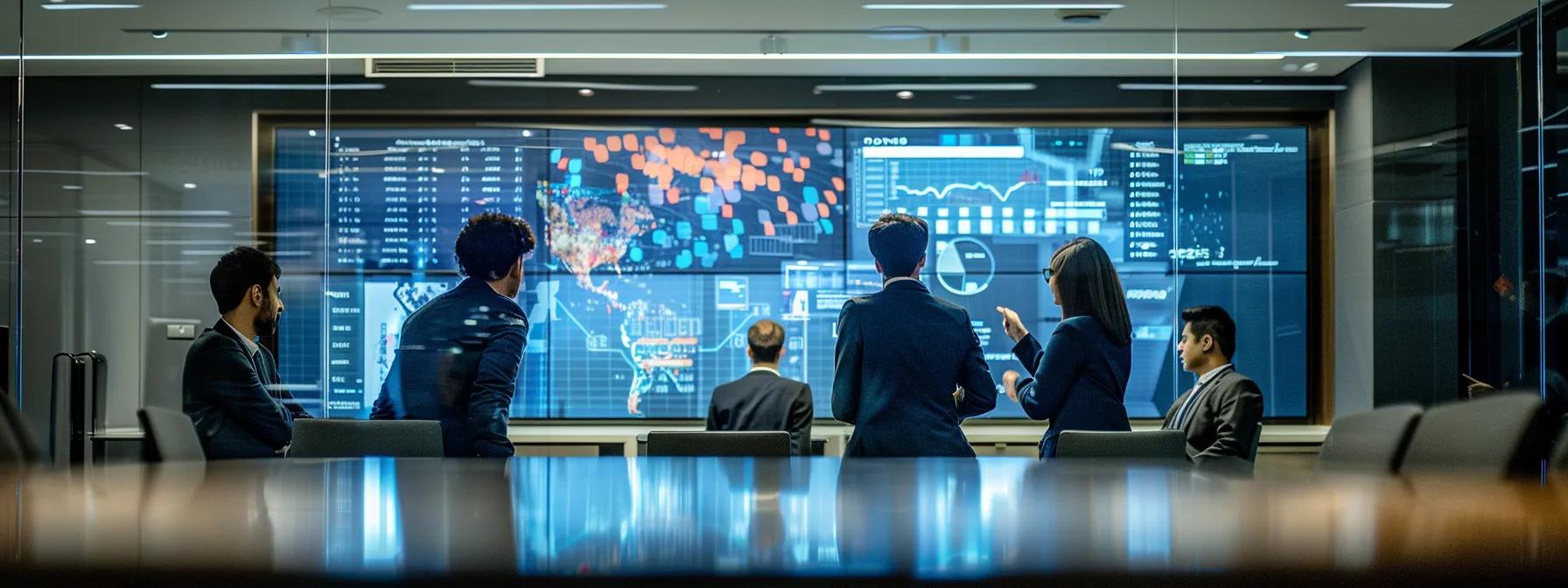a sleek, modern conference room featuring a large screen displaying vibrant tv graphics, as a diverse team of professionals engages in an intense discussion about evaluating pr agencies, emphasizing strategy and metrics in a dynamic urban business setting.