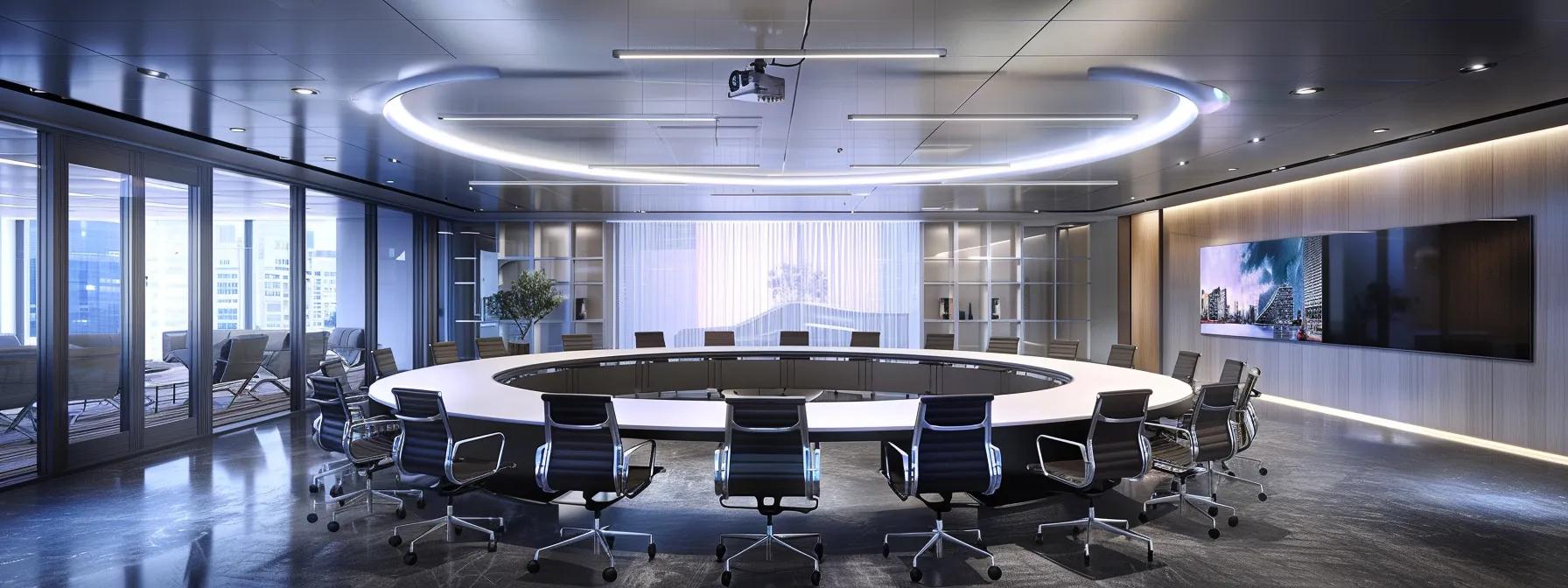 a sleek, modern conference room filled with professionals engaged in a dynamic brainstorming session around a high-tech, circular table illuminated by bright, overhead lights and contemporary artwork on the wall. a sleek, modern conference room filled with professionals engaged in a dynamic brainstorming session around a high-tech, circular table illuminated by bright, overhead lights and contemporary artwork on the wall.