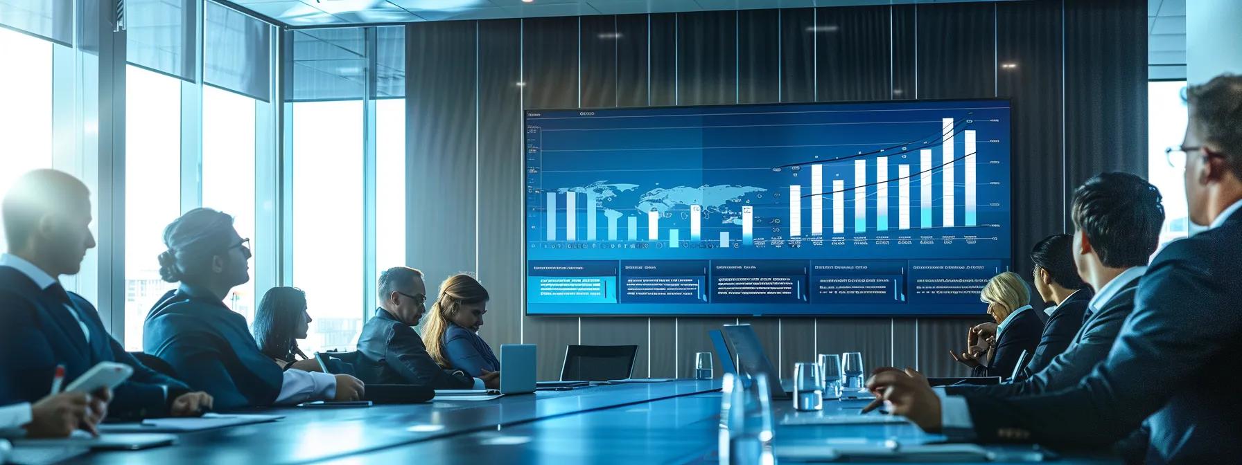 a sleek, modern conference room filled with engaged professionals analyzing graphs on a digital screen, highlighting cost-effectiveness and long-term investment strategies.