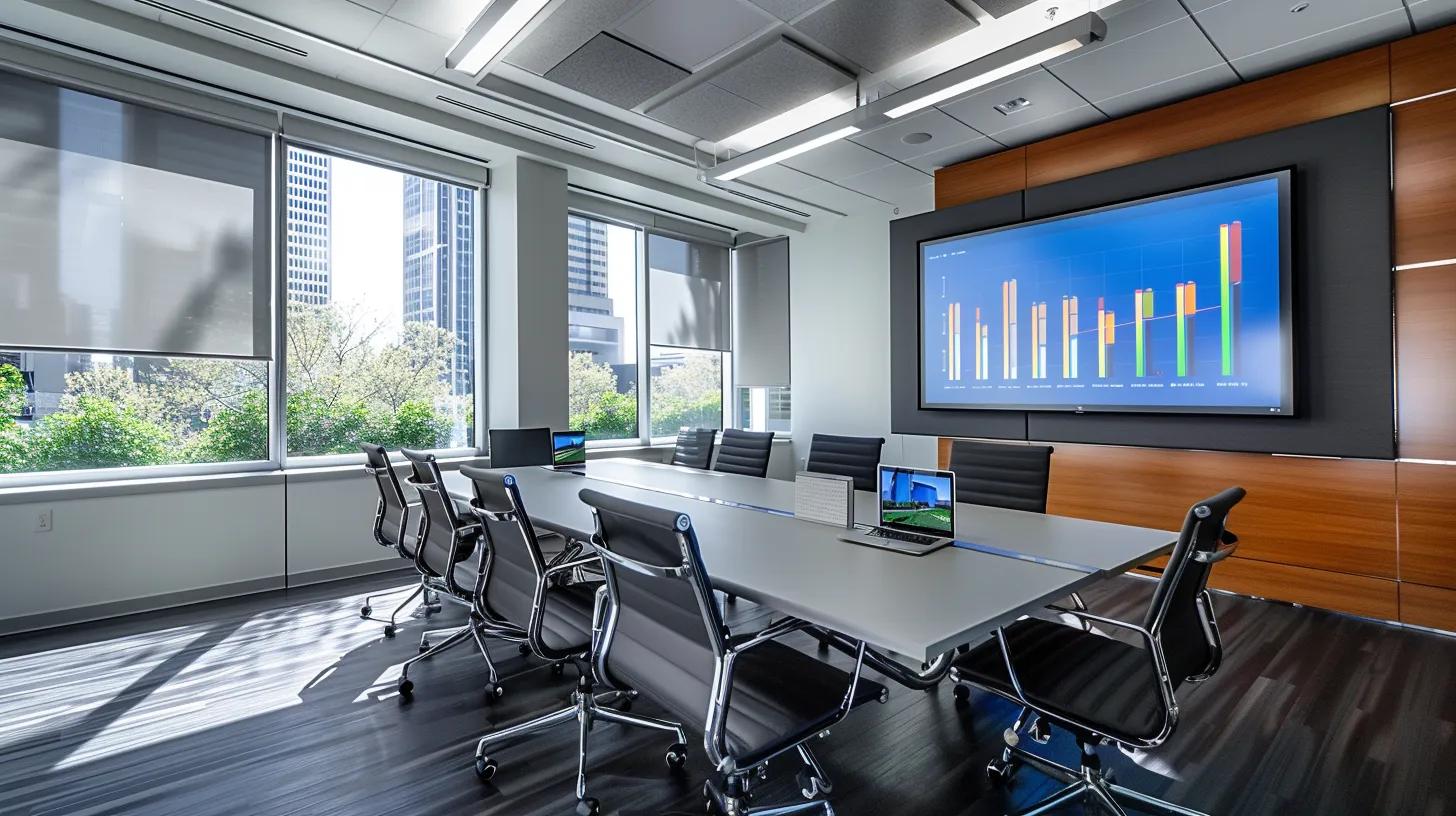 a sleek, modern conference room in knoxville, tn, showcases a vibrant discussion among top commercial contractors, with dynamic graphs and blueprints displayed prominently on digital screens.