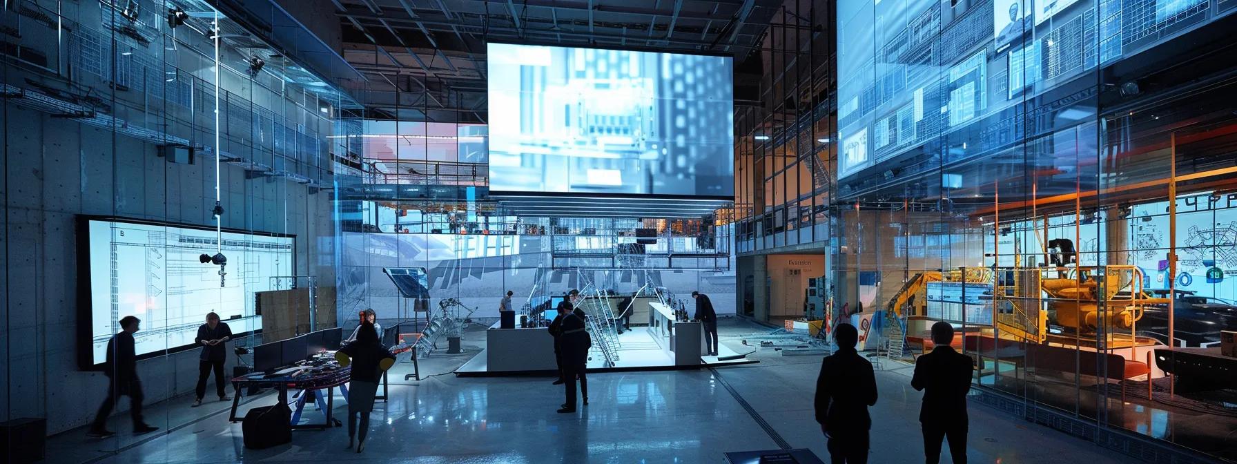 a sleek, modern construction site bustling with advanced robotic machinery and digital interfaces, showcasing architects and engineers collaborating around a high-tech simulation display, illuminated by dynamic artificial lighting that emphasizes the innovative atmosphere.