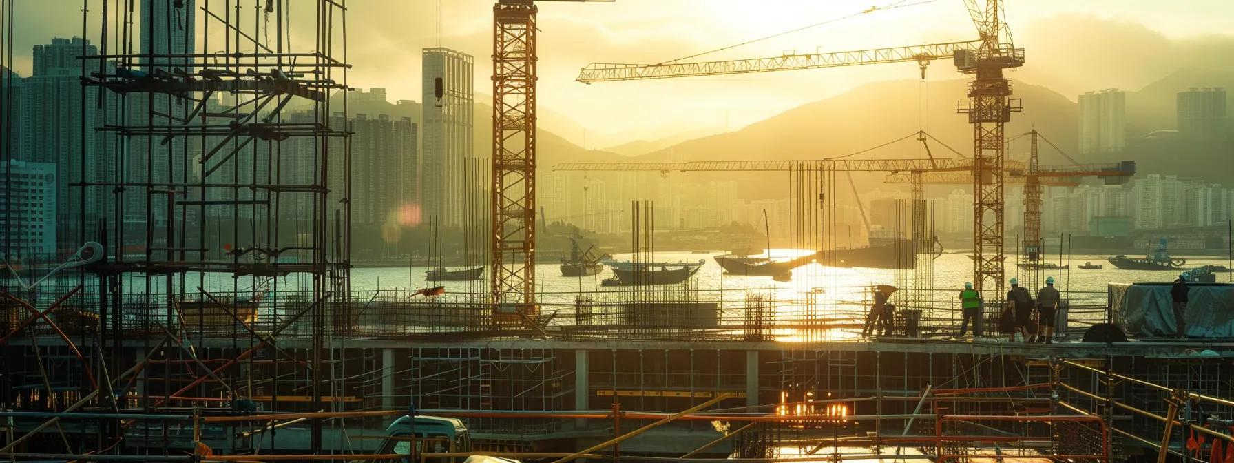 a sleek, modern construction site features cranes and workers amidst towering, partially completed structures, showcasing the integration of innovative materials and advanced digital technology in a bustling urban landscape.