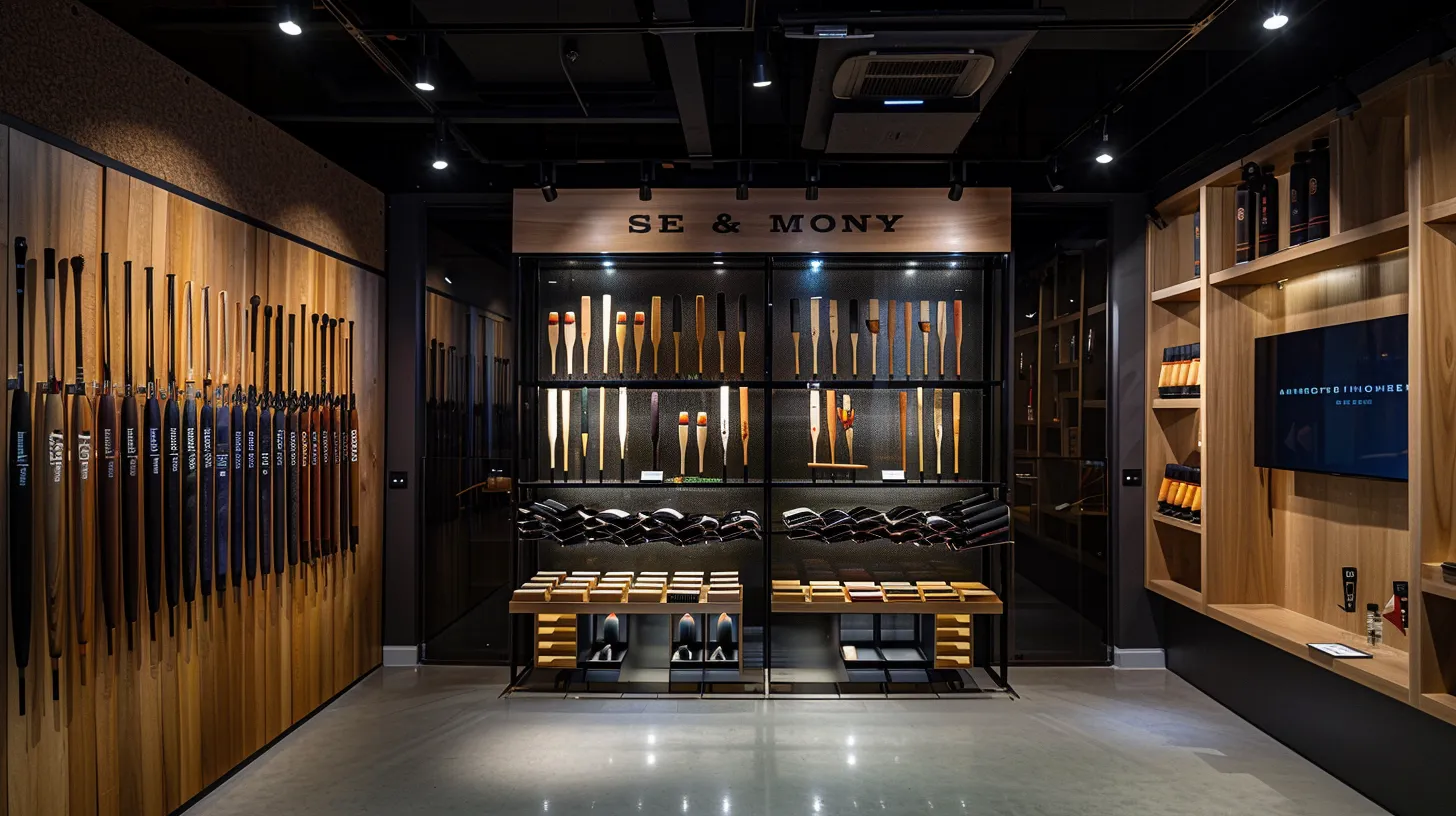a sleek, modern cricket equipment store showcases high-end gunn & moore bats prominently displayed under bright, focused lighting, highlighting their exquisite craftsmanship and luxurious materials against a minimalist urban backdrop. a sleek, modern cricket equipment store showcases high-end gunn & moore bats prominently displayed under bright, focused lighting, highlighting their exquisite craftsmanship and luxurious materials against a minimalist urban backdrop.