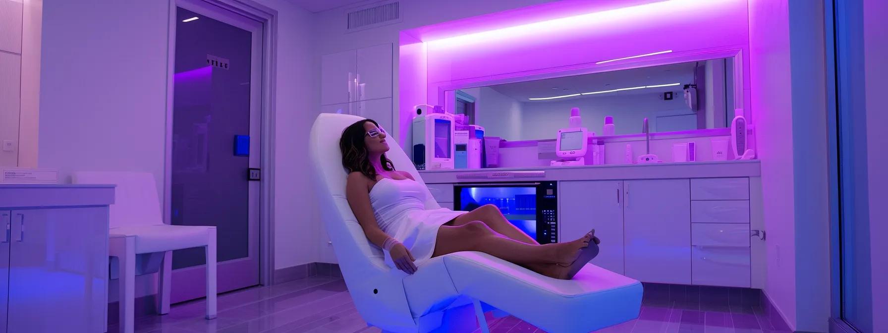 a sleek, modern dermatology clinic features a patient seated comfortably under a vibrant led light therapy device, showcasing the transformative and clinical atmosphere of advanced skin treatment for uncommon conditions. a sleek, modern dermatology clinic features a patient seated comfortably under a vibrant led light therapy device, showcasing the transformative and clinical atmosphere of advanced skin treatment for uncommon conditions.