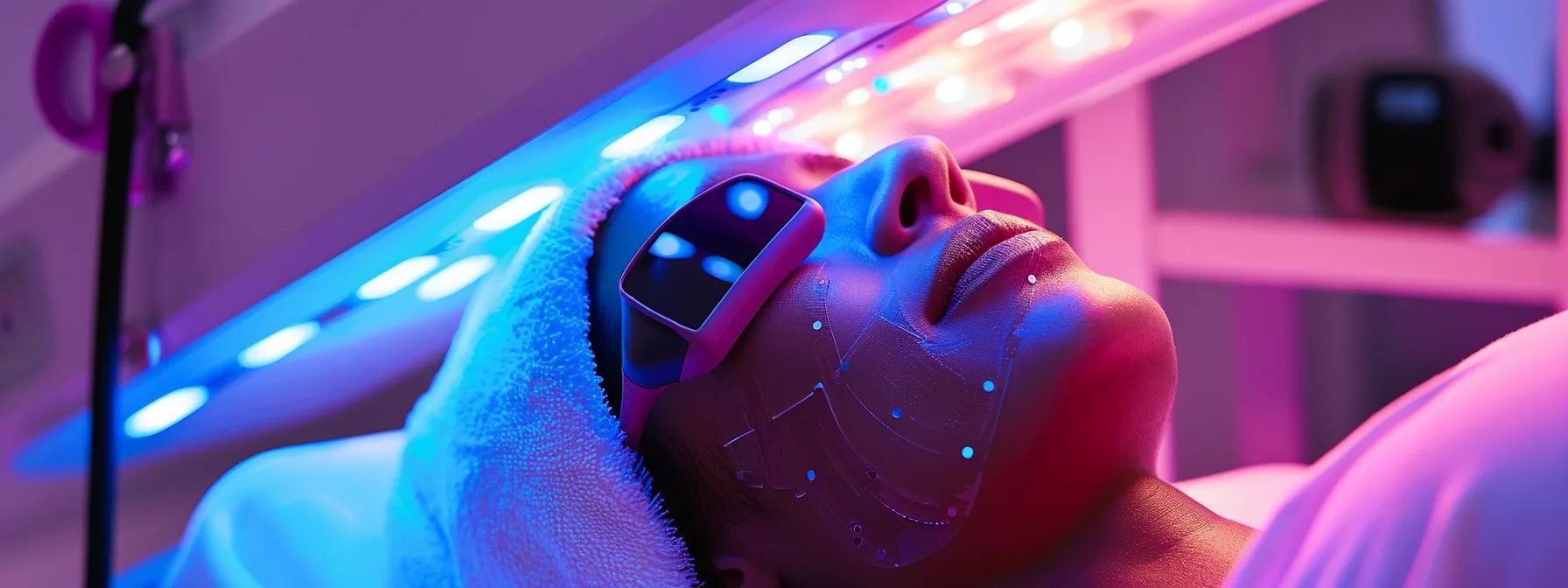 a sleek, modern dermatology clinic features a patient relaxing under a vibrant led therapy device, with a subtle focus on the glowing lights illuminating their skin and a serene atmosphere that conveys a sense of rejuvenation and advanced technology.