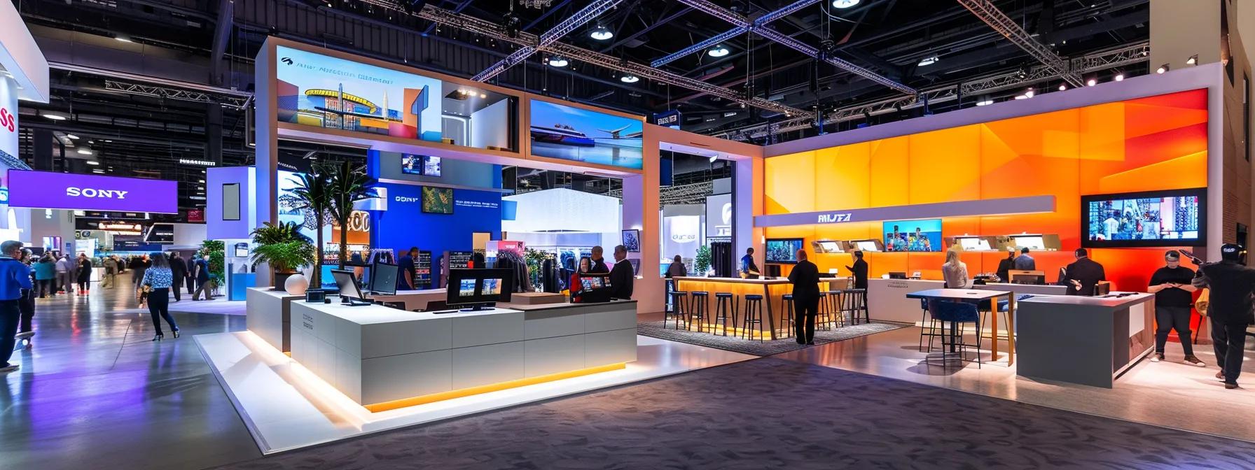 a sleek, modern exhibition space showcases a vibrant fabric panel booth with innovative design elements, drawing attention from engaged attendees in a bustling trade show environment.