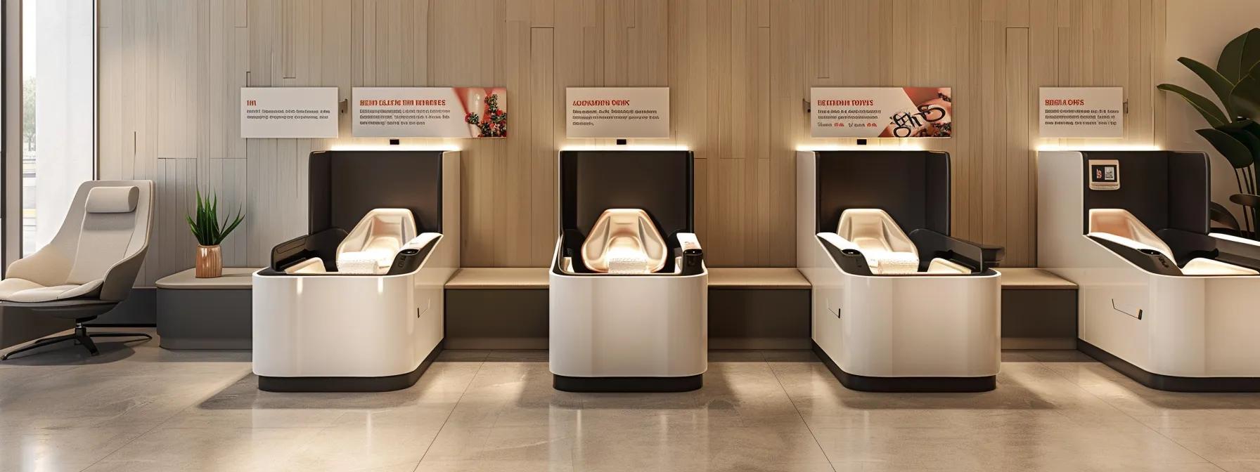 a sleek, modern foot spa facility with a tranquil atmosphere, showcasing stylish spa stations and clear instructional signage to emphasize safety and informed practices. a sleek, modern foot spa facility with a tranquil atmosphere, showcasing stylish spa stations and clear instructional signage to emphasize safety and informed practices.