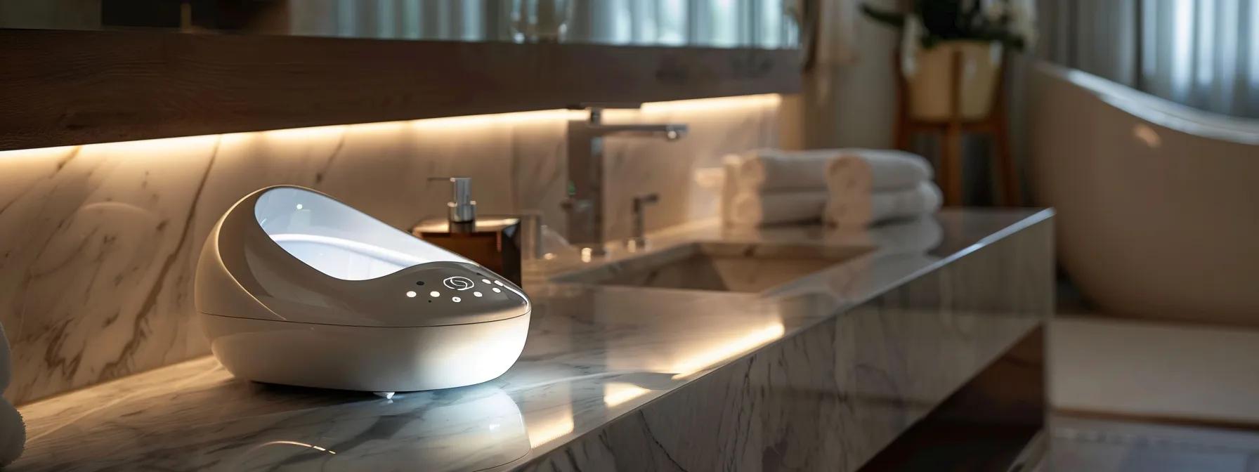 a sleek, modern foot spa kit sits prominently on a polished marble countertop in a contemporary bathroom, showcasing its luxurious massage features with buttons illuminated, while soft ambient lighting highlights the sophisticated design and inviting water.