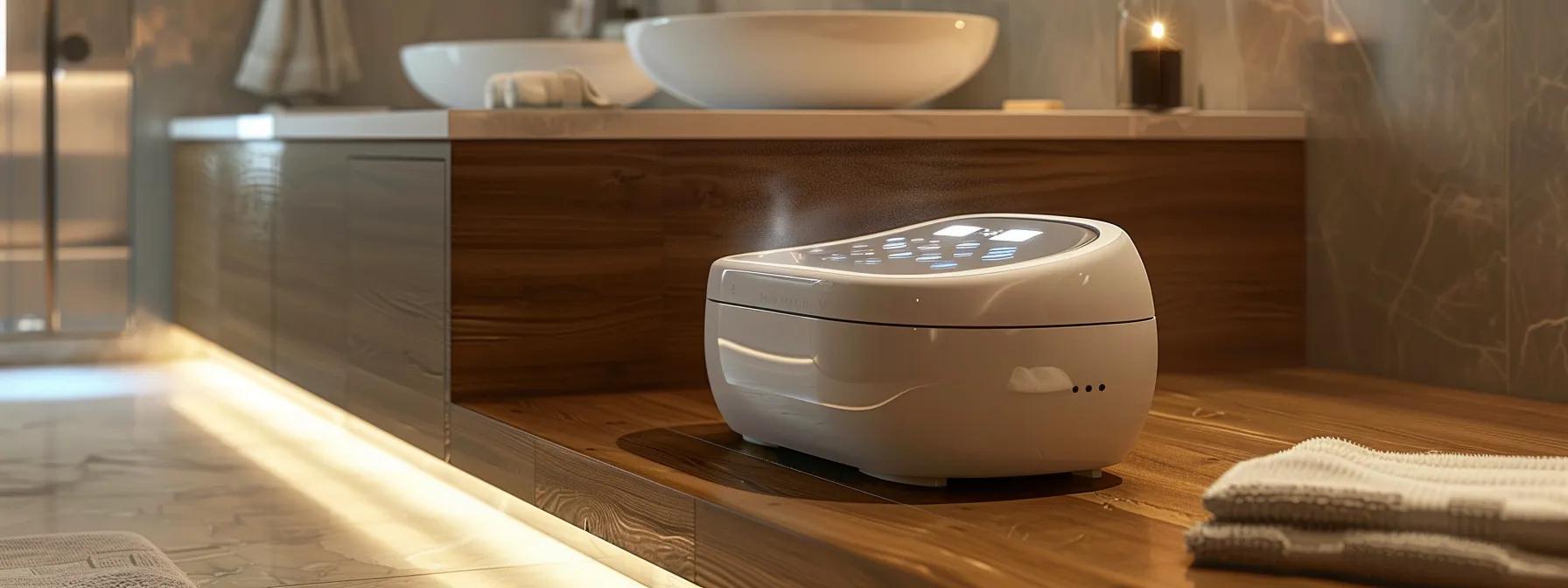 a sleek, modern foot spa kit with an illuminated digital timer display sits on a polished wooden bathroom countertop, exuding an ambiance of tranquility and efficiency in a stylish, contemporary bathroom setting.