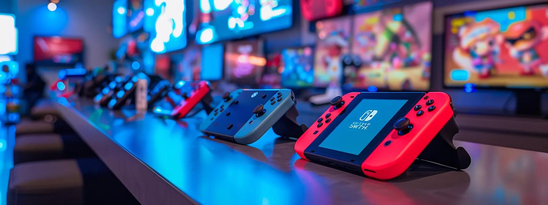 a sleek, modern gaming lounge showcases various handheld devices, including the nintendo switch and steam deck, prominently displayed on a stylish table as vibrant screens illuminate the room with nostalgic retro game graphics. a sleek, modern gaming lounge showcases various handheld devices, including the nintendo switch and steam deck, prominently displayed on a stylish table as vibrant screens illuminate the room with nostalgic retro game graphics.